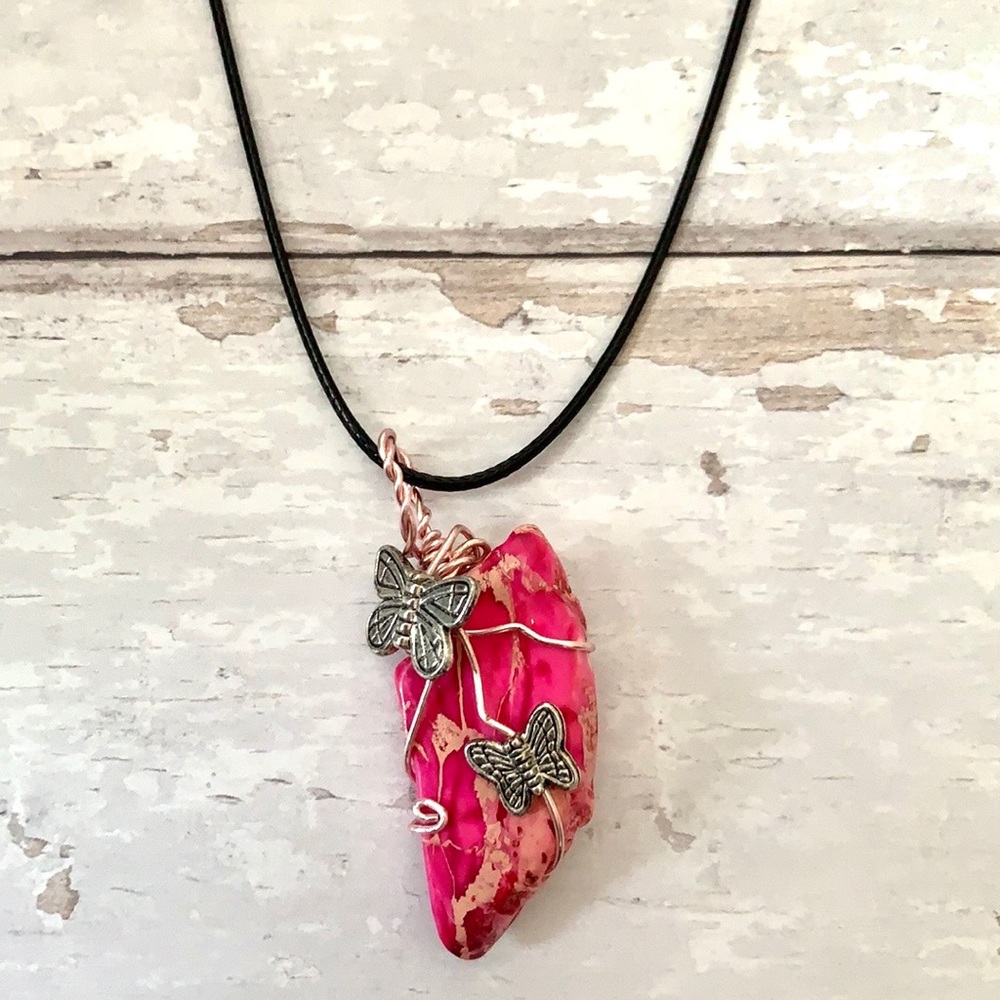 Pink Stone Silver Butterfly Necklace Women’s Jewelry NEW